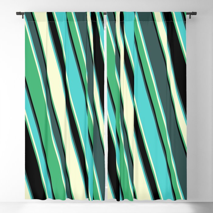 Colorful Dark Slate Gray, Turquoise, Light Yellow, Sea Green, and Black Colored Lined Pattern Blackout Curtain