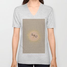 Sketched Dragonfly and Gold Circle Frame on Nude Beige V Neck T Shirt