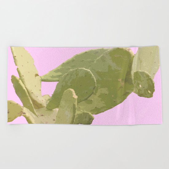Green cactus on a pink background Beach Towel