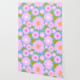 Cheerful Retro Modern Pink Flowers On Bright Turquoise Wallpaper