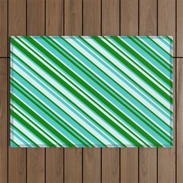 [ Thumbnail: Green, Turquoise & Light Cyan Colored Lined/Striped Pattern Outdoor Rug ]