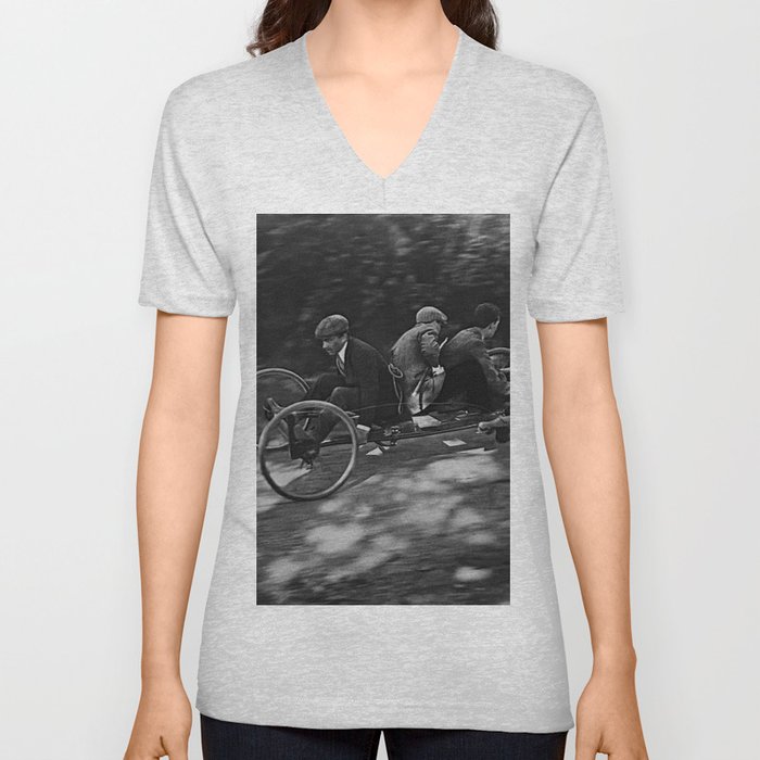 Vintage Bicycle Built for Three Racing black and white photograph - photography - photographs V Neck T Shirt