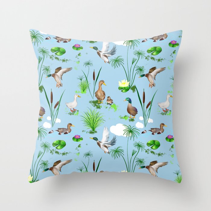 Nature,ducks art ,Goose,geese,Birds illustration,pattern  Throw Pillow
