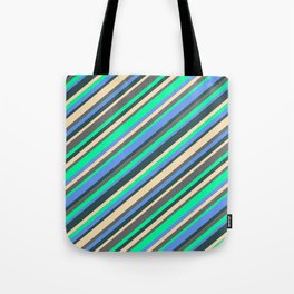 [ Thumbnail: Vibrant Tan, Dim Gray, Green, Cornflower Blue, and Dark Slate Gray Colored Lines/Stripes Pattern Tote Bag ]