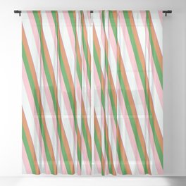 [ Thumbnail: Orchid, Chocolate, Forest Green, Light Pink & Mint Cream Colored Striped/Lined Pattern Sheer Curtain ]