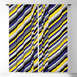 [ Thumbnail: Vibrant Light Gray, Dim Gray, Black, Yellow, and Midnight Blue Colored Stripes Pattern Blackout Curtain ]