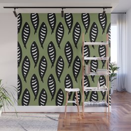 Abstract black and white fish pattern Sage green Wall Mural