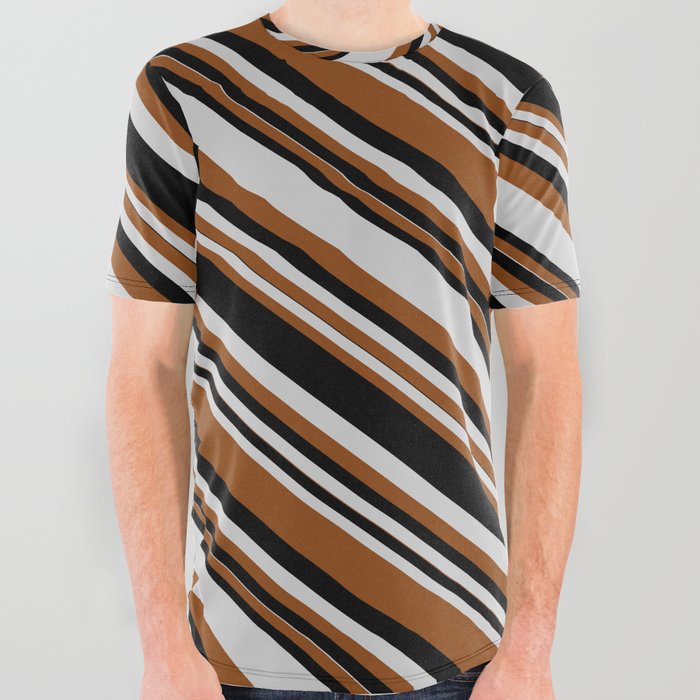 Light Grey, Brown, and Black Colored Lines/Stripes Pattern All Over Graphic Tee