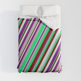 [ Thumbnail: Vibrant Green, Maroon, Light Cyan, Purple, and Grey Colored Lines Pattern Duvet Cover ]