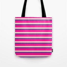 [ Thumbnail: Colorful Dark Slate Blue, Deep Pink, Light Yellow, Hot Pink & Light Blue Colored Lined Pattern Tote Bag ]