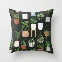 Boho Indoor Potted House Plant Pattern in a Dark Background Throw Pillow