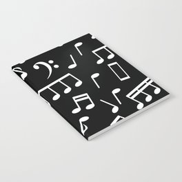 Dancing White Music Notes on Black Background Notebook