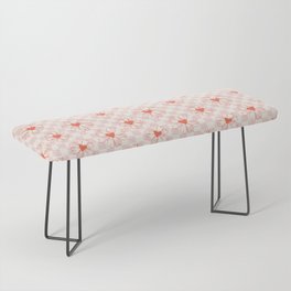 Cartoonish Bright Red Heart Flowers on Pastel Checkerboard Bench