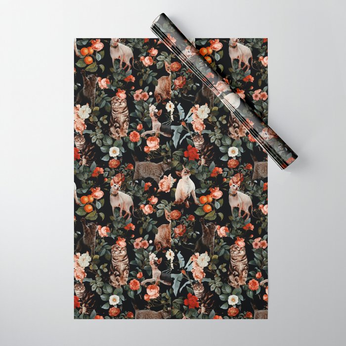 Cat and Floral Pattern II Wrapping Paper