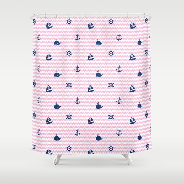 Nautical Navy Blue Pink Chevron Baby Nursery Shower Curtain By Decampstudios Nautical Navy Blue Pink Chevron Baby Nursery Shower Curtain By Decampstudios