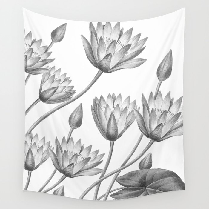 Water Lily Black And White Wall Tapestry