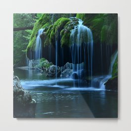 Color time-lapse photograph of waterfalls in mossy rock formation below trestle railroad bridge river nature photography - photographs Metal Print