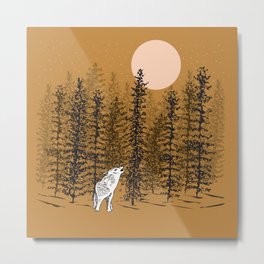 Wolf Howling at the Moon with Woodland Trees - Dusk Metal Print