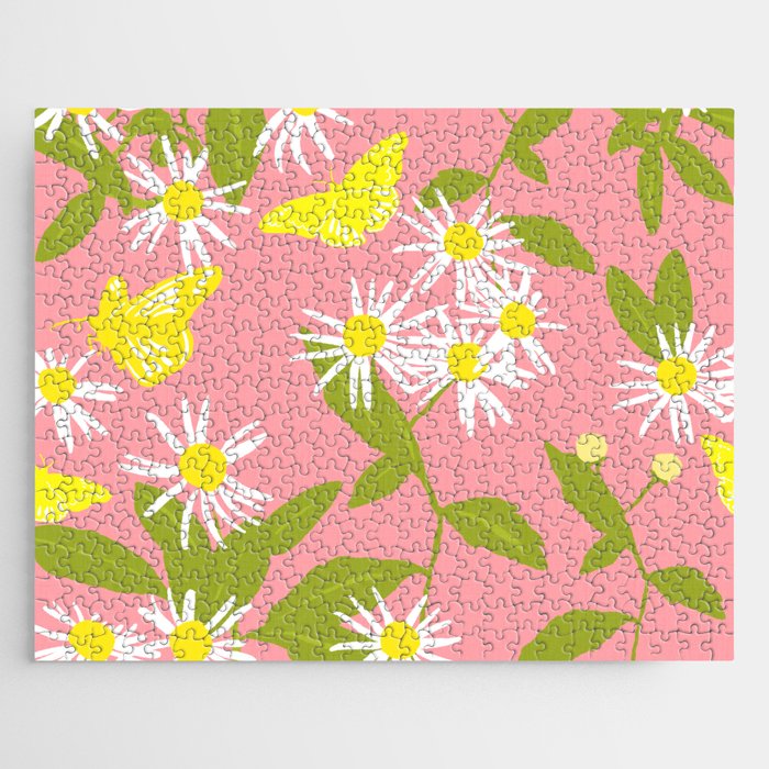 Little Daisies And Butterflies Retro Modern Peach Butterfly and Flowers Vintage Style Repeat Pattern Jigsaw Puzzle