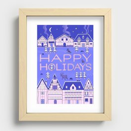 Cozy Snowy Village Holiday Card - Blue and Pink Recessed Framed Print