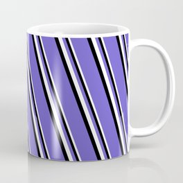 [ Thumbnail: White, Black & Slate Blue Colored Stripes Pattern Coffee Mug ]