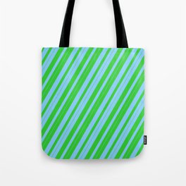 [ Thumbnail: Light Sky Blue & Lime Green Colored Lines Pattern Tote Bag ]