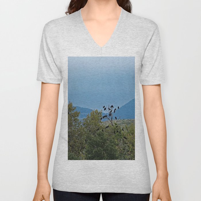 Ravens Perching Trees Mountains Landscape V Neck T Shirt