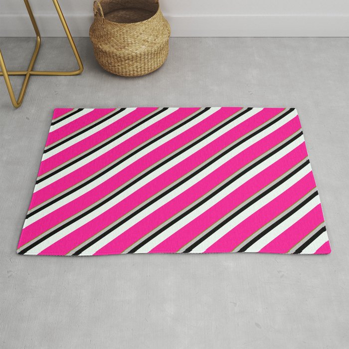 Vibrant Green, Grey, Black, Mint Cream, and Deep Pink Colored Stripes Pattern Rug