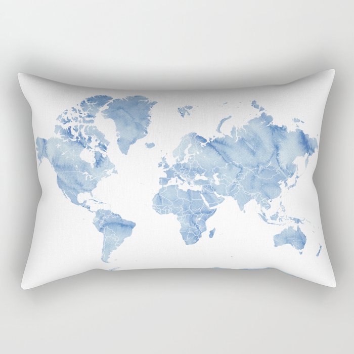 Blue watercolor world map with outlined countries, "Vance" Rectangular Pillow