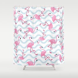 Pink flamingo and blue sea waves vintage hand drawn on white background. Cute animals retro illustration pattern Shower Curtain