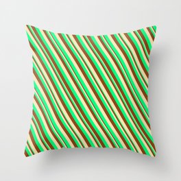 [ Thumbnail: Green, Brown & Beige Colored Lined/Striped Pattern Throw Pillow ]
