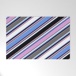 [ Thumbnail: Eye-catching Cornflower Blue, Black, Plum, Dim Grey, and White Colored Lined Pattern Welcome Mat ]