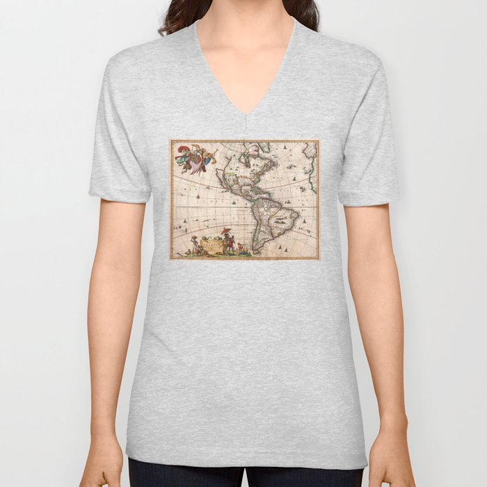 1658 Map of North America and South America with 2015 enhancements V Neck T Shirt