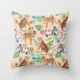Tiger Cubs and Flowers (Beige) Throw Pillow