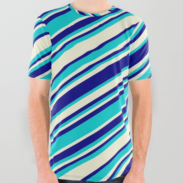 Beige, Blue & Dark Turquoise Colored Striped/Lined Pattern All Over Graphic Tee