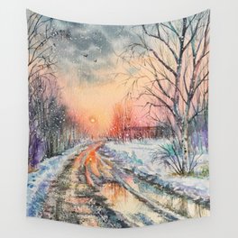 Magical Winter Snowy Sunset Countryside Lane  Wall Tapestry