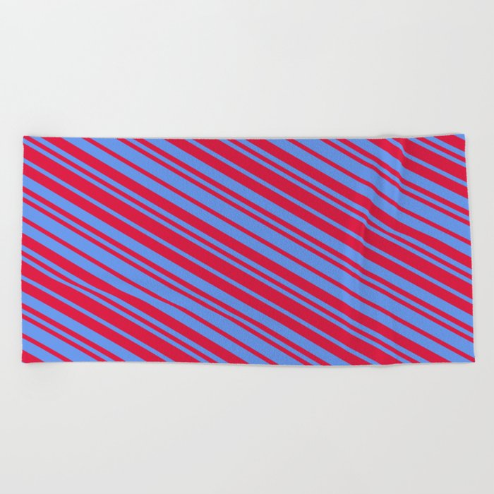 Crimson and Cornflower Blue Colored Lines Pattern Beach Towel