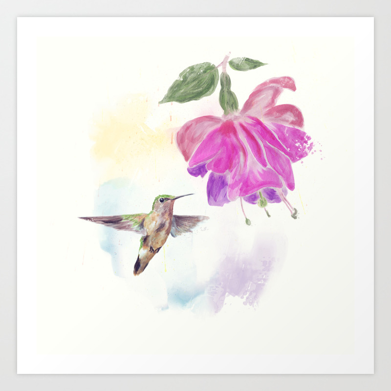Hummingbird And Fuchsia Flower Watercolor Painting Art Print By