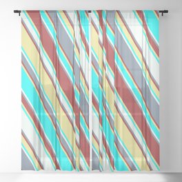 [ Thumbnail: Light Slate Gray, Brown, Tan, Aqua, and Mint Cream Colored Lined Pattern Sheer Curtain ]