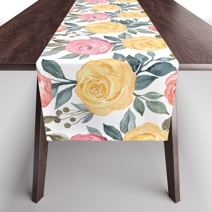 Pink and yellow watercolor flowers Table Runner