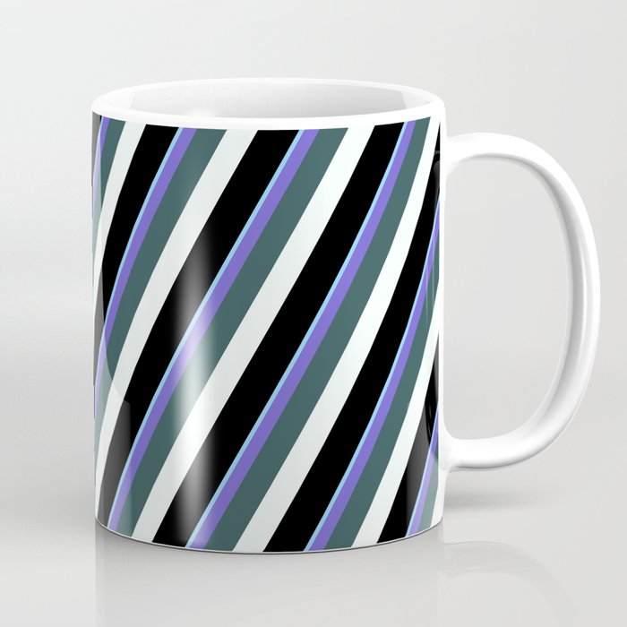 Vibrant Light Sky Blue, Slate Blue, Dark Slate Gray, Mint Cream & Black Colored Lined Pattern Coffee Mug