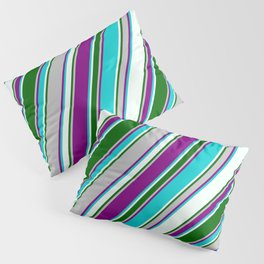 [ Thumbnail: Colorful Grey, Purple, Dark Turquoise, Mint Cream & Dark Green Colored Pattern of Stripes Pillow Sham ]