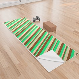 [ Thumbnail: Green, Brown & Beige Colored Lined/Striped Pattern Yoga Towel ]