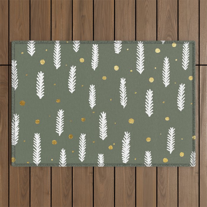Christmas branches and dots - olive and gold Outdoor Rug