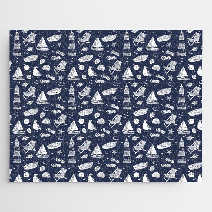 Navy Blue And White Summer Beach Elements Pattern Jigsaw Puzzle