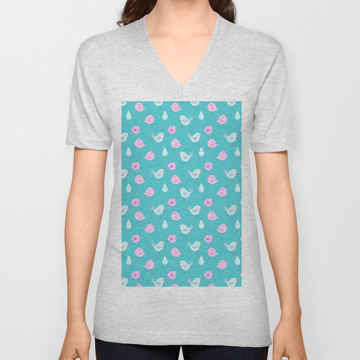 Abstract cute neon pink teal bird floral pattern V Neck T Shirt