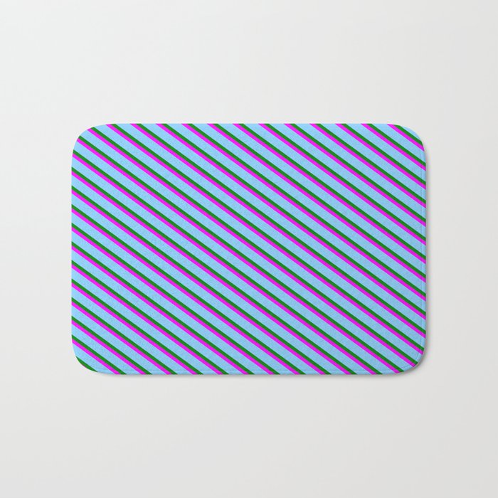 Green, Fuchsia, and Light Sky Blue Colored Striped/Lined Pattern Bath Mat