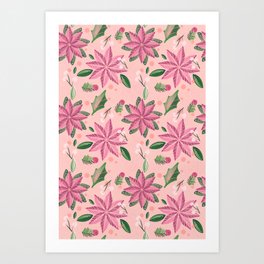Christmas collection-Poinsettia & Snowberry  rose & coral wrapping paper Art Print