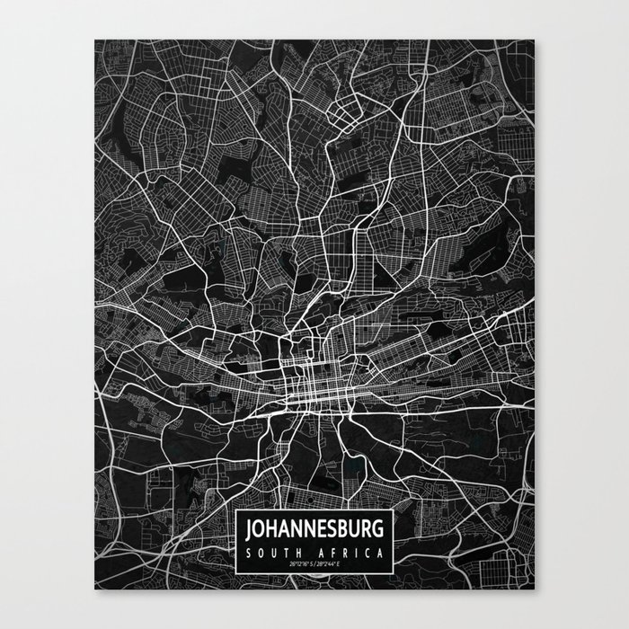 Johannesburg City Map of Gauteng, South Africa in Dark Canvas Print by