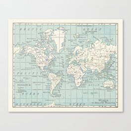 World Map in Blue and Cream Canvas Print